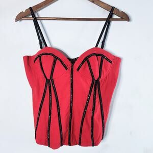 NOA Womens Red Rhinestone Studded Lace Up Bustier Corset Size Large Y2K Festival